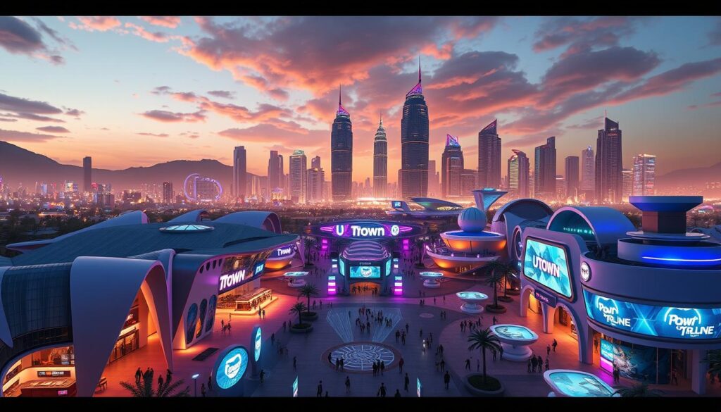 A contemporary digital resort landscape featuring the UTown entertainment complex, set against a backdrop of futuristic skyscrapers and a vibrant skyline. The foreground showcases the unique architectural elements of the UTown facilities, with sleek, angular buildings, neon-lit entrances, and a central plaza bustling with activity. Stylized lighting casts long shadows and creates a sense of dynamism, while the middle ground features holographic signage, digital kiosks, and interactive water features. In the distance, the skyline is dominated by towering towers, their facades shimmering with animated displays. An overall atmosphere of technological sophistication, immersive entertainment, and a forward-thinking vision for the future of digital leisure experiences. A contemporary digital resort landscape featuring the UTown entertainment complex, set against a backdrop of futuristic skyscrapers and a vibrant skyline. The foreground showcases the unique architectural elements of the UTown facilities, with sleek, angular buildings, neon-lit entrances, and a central plaza bustling with activity. Stylized lighting casts long shadows and creates a sense of dynamism, while the middle ground features holographic signage, digital kiosks, and interactive water features. In the distance, the skyline is dominated by towering towers, their facades shimmering with animated displays. An overall atmosphere of technological sophistication, immersive entertainment, and a forward-thinking vision for the future of digital leisure experiences.