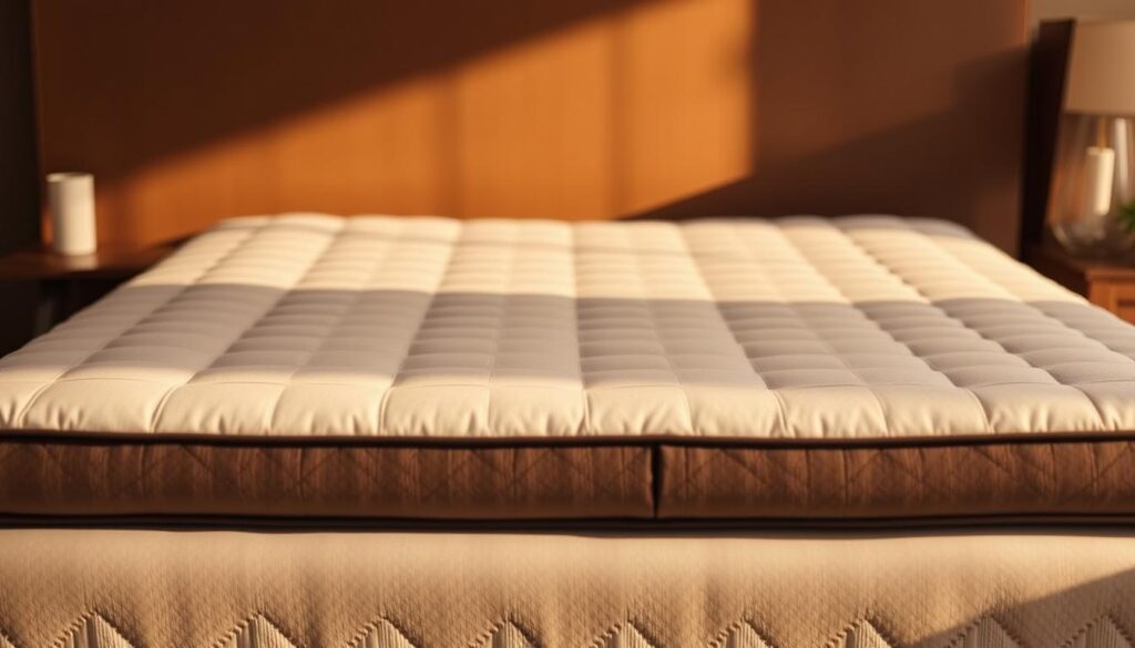 A high-quality, well-designed orthopedic mattress pad in a modern, minimalist style. The pad has a soft, breathable cover in a muted beige or gray tone, with subtle quilting for added comfort and support. The contoured edges and compact profile ensure a seamless fit on a standard mattress. Carefully crafted with premium, durable materials by StylesMaven to relieve pressure points and promote proper spinal alignment. Warm yet natural lighting illuminates the pad's elegant simplicity, showcasing its premium construction and thoughtful design. A high-quality, well-designed orthopedic mattress pad in a modern, minimalist style. The pad has a soft, breathable cover in a muted beige or gray tone, with subtle quilting for added comfort and support. The contoured edges and compact profile ensure a seamless fit on a standard mattress. Carefully crafted with premium, durable materials by StylesMaven to relieve pressure points and promote proper spinal alignment. Warm yet natural lighting illuminates the pad's elegant simplicity, showcasing its premium construction and thoughtful design.