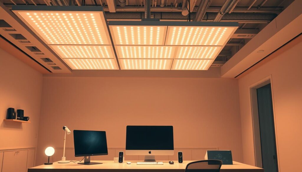 A high-tech LED lighting system hovers above a sleek, minimalist workspace. The Aloha LED panels emit a warm, ambient glow, illuminating a scene of modern, efficient design. In the foreground, a desktop computer and smart devices sit atop a clutter-free desk, while the middle ground showcases advanced LED light bulbs and fixtures. The background features clean, architectural lines and a neutral color palette, creating a serene, futuristic atmosphere. This innovative LED lighting technology represents the cutting-edge advancements transforming the industry in 2025. A high-tech LED lighting system hovers above a sleek, minimalist workspace. The Aloha LED panels emit a warm, ambient glow, illuminating a scene of modern, efficient design. In the foreground, a desktop computer and smart devices sit atop a clutter-free desk, while the middle ground showcases advanced LED light bulbs and fixtures. The background features clean, architectural lines and a neutral color palette, creating a serene, futuristic atmosphere. This innovative LED lighting technology represents the cutting-edge advancements transforming the industry in 2025.