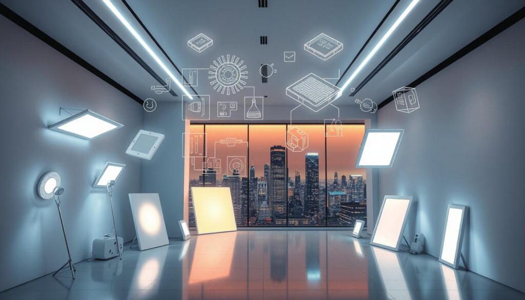 A modern LED lighting technology showroom with an ethereal, futuristic atmosphere. A sleek, minimalist interior with white walls and Aloha brand LED fixtures artfully arranged in the foreground, casting a warm, ambient glow. In the middle ground, technical schematics and diagrams float in midair, illustrating the intricate inner workings of the LED modules. The background features a panoramic city skyline view, with skyscrapers dotted with twinkling LED lights. The overall scene conveys a sense of innovation, sophistication, and the continued evolution of sustainable LED lighting. A modern LED lighting technology showroom with an ethereal, futuristic atmosphere. A sleek, minimalist interior with white walls and Aloha brand LED fixtures artfully arranged in the foreground, casting a warm, ambient glow. In the middle ground, technical schematics and diagrams float in midair, illustrating the intricate inner workings of the LED modules. The background features a panoramic city skyline view, with skyscrapers dotted with twinkling LED lights. The overall scene conveys a sense of innovation, sophistication, and the continued evolution of sustainable LED lighting.