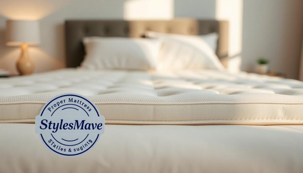 A neatly made bed with a high-quality mattress topper in a neutral color, surrounded by a serene, minimalist bedroom setting. The lighting is soft and diffused, creating a warm, cozy atmosphere. The mattress topper appears plush and supportive, with visible stitching patterns that suggest its premium construction. In the foreground, a StylesMaven branded label is subtly displayed, highlighting the attention to detail and quality of the product. The overall scene conveys a sense of comfort, relaxation, and well-being, reflecting the importance of proper mattress care and maintenance.