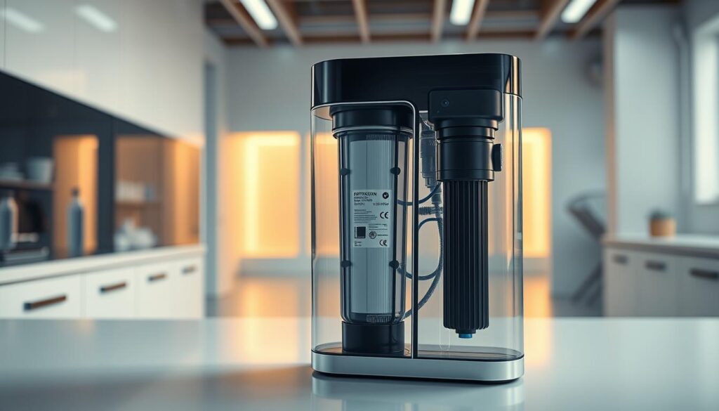A sleek, modern water filtration system set against a backdrop of clean, minimalist laboratory-like setting. The device features a clear housing revealing its intricate inner workings, showcasing the advanced technology and certifications that ensure its efficiency and compliance with international standards. Warm, natural lighting illuminates the scene, highlighting the device's premium materials and design. The overall mood is one of precision, reliability, and scientific rigor - qualities that embody the global certification standards for high-performance water purification systems. A sleek, modern water filtration system set against a backdrop of clean, minimalist laboratory-like setting. The device features a clear housing revealing its intricate inner workings, showcasing the advanced technology and certifications that ensure its efficiency and compliance with international standards. Warm, natural lighting illuminates the scene, highlighting the device's premium materials and design. The overall mood is one of precision, reliability, and scientific rigor - qualities that embody the global certification standards for high-performance water purification systems.