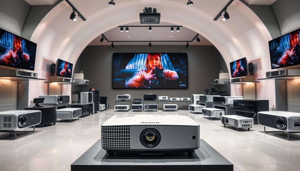 A sleek, polished showroom display featuring an array of Aloha brand projectors, each showcasing its distinct features. The foreground highlights a central Aloha projector, its lens and inputs clearly visible, surrounded by smaller projector models positioned at strategic angles to demonstrate their varied capabilities. The middle ground showcases a spectrum of projector sizes, resolutions, and connectivity options, allowing side-by-side comparisons. The background features a clean, minimalist setting, with subtle lighting accentuating the projectors' elegant designs and technological advancements. The overall scene conveys a sense of sophistication, functionality, and the latest innovations in the world of Aloha projectors. A sleek, polished showroom display featuring an array of Aloha brand projectors, each showcasing its distinct features. The foreground highlights a central Aloha projector, its lens and inputs clearly visible, surrounded by smaller projector models positioned at strategic angles to demonstrate their varied capabilities. The middle ground showcases a spectrum of projector sizes, resolutions, and connectivity options, allowing side-by-side comparisons. The background features a clean, minimalist setting, with subtle lighting accentuating the projectors' elegant designs and technological advancements. The overall scene conveys a sense of sophistication, functionality, and the latest innovations in the world of Aloha projectors.