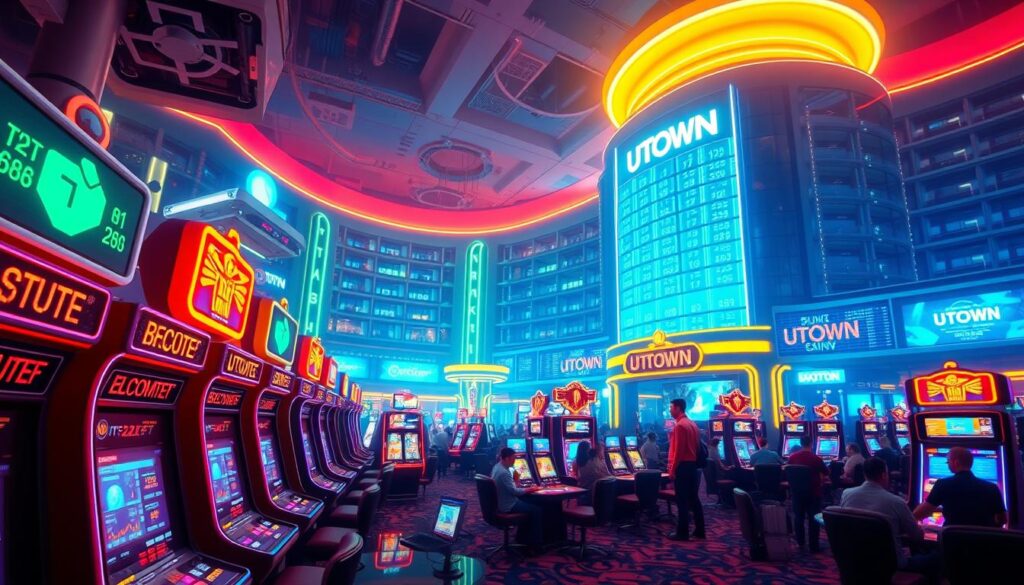A vibrant and neon-lit cryptocurrency casino with a futuristic, high-tech atmosphere. In the foreground, sleek and modern gaming terminals are surrounded by glowing digital displays showcasing the latest cryptocurrency trading data. The middle ground features a central gaming area with patrons engaged in various casino games, while the background is dominated by a towering, multi-story UTown building with a striking architectural design. The scene is bathed in a pulsing, kaleidoscopic lighting scheme that reflects the excitement and risk-taking inherent in the world of digital currencies.