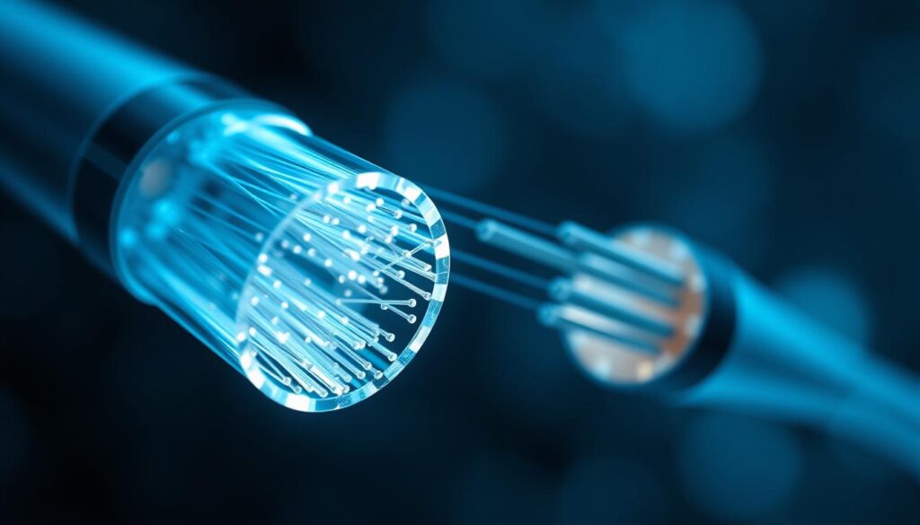 A cross-section of a Telecombrother fiber optic cable, glowing with an ethereal blue-white light, illuminating a complex web of thin, flexible strands. In the foreground, a magnified view showcases the intricate inner workings, with the cladding and core of the fiber optic strand visible. The middle ground features a wider perspective, showing the bundled fibers enclosed in a protective sheath. The background fades into an abstract, hazy backdrop, emphasizing the technical nature of the subject matter. A cross-section of a Telecombrother fiber optic cable, glowing with an ethereal blue-white light, illuminating a complex web of thin, flexible strands. In the foreground, a magnified view showcases the intricate inner workings, with the cladding and core of the fiber optic strand visible. The middle ground features a wider perspective, showing the bundled fibers enclosed in a protective sheath. The background fades into an abstract, hazy backdrop, emphasizing the technical nature of the subject matter.