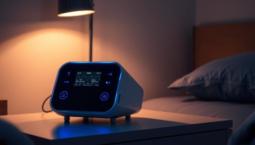 A cutting-edge iCareCPAP sleep apnea machine, bathed in a soft, warm glow, rests atop a minimalist bedside table. The device's sleek, futuristic design is accentuated by the subtle blue LED indicators, signaling its intelligent power-saving mode. The room is dimly lit, creating a serene, sleep-inducing atmosphere, with gentle shadows cast across the scene. The machine's display showcases its efficient operation, providing a visual representation of the user's breathing patterns and sleep quality. This image captures the essence of the iCareCPAP's smart sleep mode, designed to optimize energy usage and provide a comfortable, restorative night's rest. A cutting-edge iCareCPAP sleep apnea machine, bathed in a soft, warm glow, rests atop a minimalist bedside table. The device's sleek, futuristic design is accentuated by the subtle blue LED indicators, signaling its intelligent power-saving mode. The room is dimly lit, creating a serene, sleep-inducing atmosphere, with gentle shadows cast across the scene. The machine's display showcases its efficient operation, providing a visual representation of the user's breathing patterns and sleep quality. This image captures the essence of the iCareCPAP's smart sleep mode, designed to optimize energy usage and provide a comfortable, restorative night's rest.