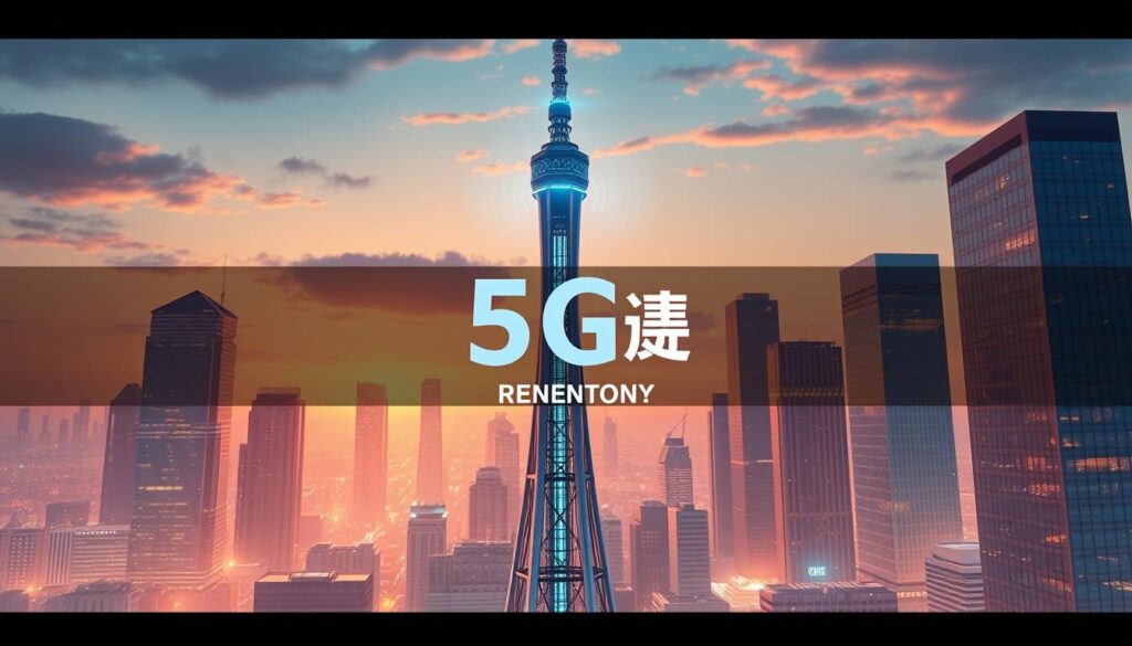 A detailed and vibrant illustration of a &quot;5G Plan續約&quot; concept. A sleek, futuristic 5G network tower stands prominently in the foreground, emitting a soft, blue-hued glow. In the middle ground, a Telecombrother brand logo is subtly integrated, suggesting the service provider. The background features a cityscape with skyscrapers and modern architecture, bathed in a warm, golden-hour lighting that creates a sense of sophistication and progress. The overall composition conveys a sense of technological advancement, reliability, and the seamless connectivity of a 5G plan renewal.