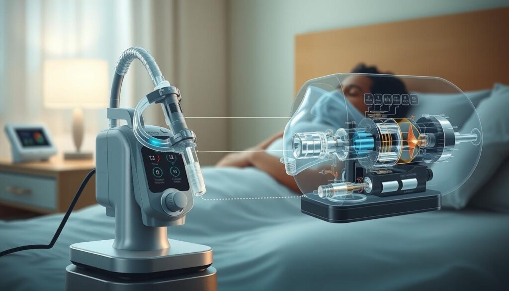 A detailed medical illustration depicting the operation of a sleep apnea breathing machine. The foreground shows the iCareCPAP device with its various components, such as the mask, tubing, and control panel, all rendered in a technical, clinical style. The middle ground depicts a person sleeping while using the machine, with soft lighting and a serene atmosphere. The background showcases the internal mechanics of the device, including the airflow pathways and key functional elements, providing a comprehensive understanding of the system's operation. The overall composition conveys the importance of the sleep apnea breathing machine in maintaining respiratory health, with a focus on its energy-efficient features. A detailed medical illustration depicting the operation of a sleep apnea breathing machine. The foreground shows the iCareCPAP device with its various components, such as the mask, tubing, and control panel, all rendered in a technical, clinical style. The middle ground depicts a person sleeping while using the machine, with soft lighting and a serene atmosphere. The background showcases the internal mechanics of the device, including the airflow pathways and key functional elements, providing a comprehensive understanding of the system's operation. The overall composition conveys the importance of the sleep apnea breathing machine in maintaining respiratory health, with a focus on its energy-efficient features.