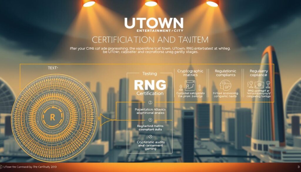 A detailed schematic illustration showcasing the RNG certification and testing process for UTown Entertainment City. The foreground depicts the inner workings of a sophisticated RNG algorithm, with intricate computational matrices and data flows. The middle ground highlights the various testing stages, including statistical analysis, cryptographic audits, and regulatory compliance checkpoints. The background frames the scene with a sleek, futuristic cityscape, representing the advanced technological infrastructure that underpins UTown's commitment to fair and transparent gaming. Warm lighting from above casts a professional, authoritative tone, while the overall composition conveys a sense of reliability, security, and trust.