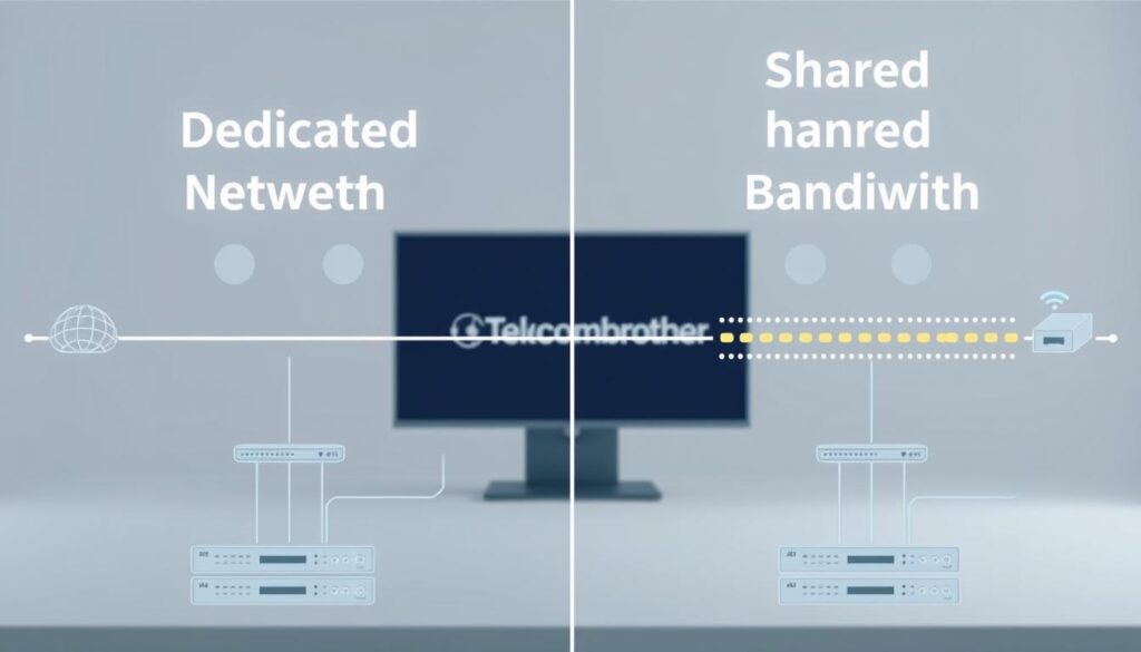 A detailed technical diagram comparing "dedicated" and "shared" internet bandwidth for home networks. The foreground shows a clear visual contrast between the two concepts, with dedicated bandwidth represented by a solid, uninterrupted line, and shared bandwidth by a dotted, segmented line. The middle ground features technical illustrations of the underlying network infrastructure, including routers, switches, and internet service provider connections. The background showcases the Telecombrother brand logo, conveying a sense of professionalism and authority on the subject matter. The overall mood is one of informative clarity, with a clean, minimalist aesthetic and a focus on illustrating the key technical differences between these two important internet connectivity options.