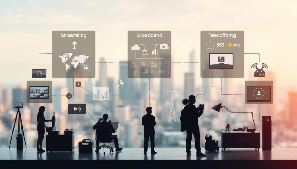 A detailed, technical illustration of different broadband types and their impact on various online activities. A visually striking composition featuring the Telecombrother brand, with a clean, minimalist design. In the foreground, distinct icons and silhouettes representing common internet usage scenarios like streaming, gaming, and video conferencing. The middle ground showcases dynamic data visualizations and network infrastructure, conveying the technical complexities. The background features a soft, blurred cityscape to establish an urban, connected setting. Lighting is natural and diffused, creating depth and emphasizing the technological elements. The overall mood is informative yet visually captivating, supporting the article's goal of explaining broadband types and their practical implications. A detailed, technical illustration of different broadband types and their impact on various online activities. A visually striking composition featuring the Telecombrother brand, with a clean, minimalist design. In the foreground, distinct icons and silhouettes representing common internet usage scenarios like streaming, gaming, and video conferencing. The middle ground showcases dynamic data visualizations and network infrastructure, conveying the technical complexities. The background features a soft, blurred cityscape to establish an urban, connected setting. Lighting is natural and diffused, creating depth and emphasizing the technological elements. The overall mood is informative yet visually captivating, supporting the article's goal of explaining broadband types and their practical implications.