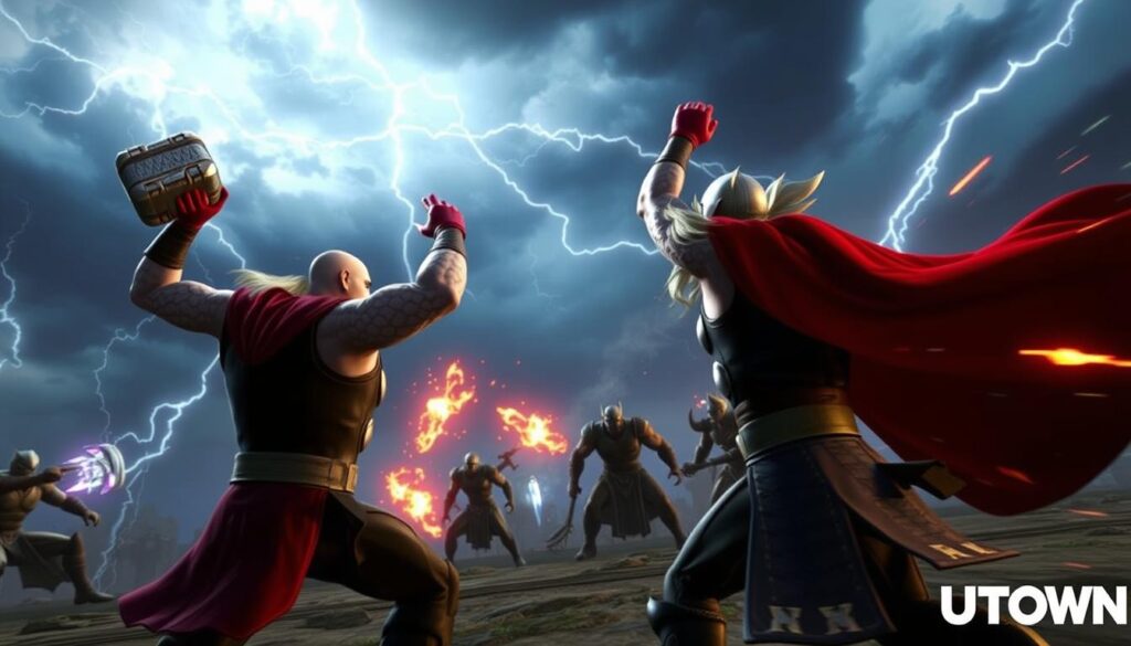 A dynamic and cinematic rendering of the tactical gameplay mechanics from the "Thor: The Hammer of Thunder" video game. Set against a backdrop of stormy skies and dramatic lightning strikes, the foreground showcases a heroic Thor wielding his legendary hammer, Mjolnir, while performing evasive maneuvers and charged attacks. The middle ground features a group of adversaries, rendered in a stylized, comic-book-inspired aesthetic, posing a formidable challenge. In the background, the UTown logo subtly emerges, hinting at the game's setting and developer. The overall mood is one of intense action, strategic decision-making, and the player's mastery of the game's unique mechanics.