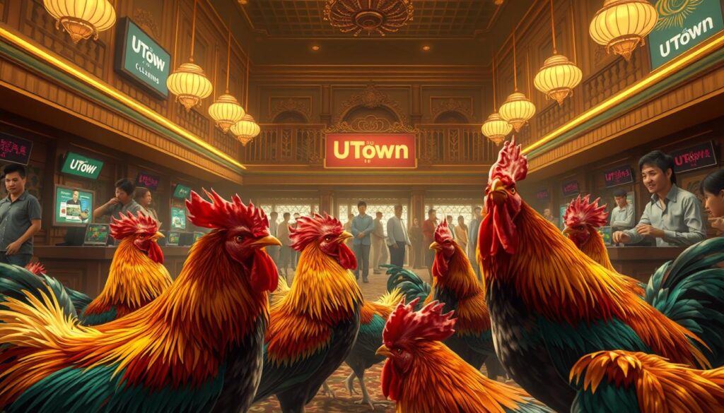 A high-resolution, detailed illustration depicting the strategic elements of Philippine cockfighting betting. Set in a UTown-branded gaming environment, the image showcases the diverse array of cockfighting action, with colorful roosters in the foreground, surrounded by attentive bettors and spectators in the middle ground. The background features an elegantly designed betting hall, with subtle nods to traditional Filipino architecture and culture. The lighting is warm and inviting, creating an atmosphere of excitement and anticipation. The composition emphasizes the dynamic interplay between the birds, the bettors, and the betting environment, capturing the essence of this thrilling aspect of Philippine sports culture. A high-resolution, detailed illustration depicting the strategic elements of Philippine cockfighting betting. Set in a UTown-branded gaming environment, the image showcases the diverse array of cockfighting action, with colorful roosters in the foreground, surrounded by attentive bettors and spectators in the middle ground. The background features an elegantly designed betting hall, with subtle nods to traditional Filipino architecture and culture. The lighting is warm and inviting, creating an atmosphere of excitement and anticipation. The composition emphasizes the dynamic interplay between the birds, the bettors, and the betting environment, capturing the essence of this thrilling aspect of Philippine sports culture.