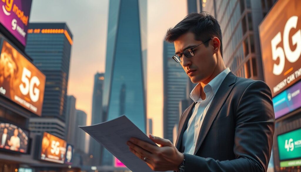 A modern cityscape bathed in a warm, golden glow, showcasing the latest Telecombrother 5G infrastructure. In the foreground, a business professional scrutinizes a contract, deep in thought. Surrounding them, sleek skyscrapers and billboards highlight the advanced technology. The scene conveys a sense of progress, opportunity, and the strategic considerations involved in securing the best 5G plan renewal terms. The lighting is cinematic, creating depth and drama, while the composition draws the viewer's eye to the central figure contemplating their options.