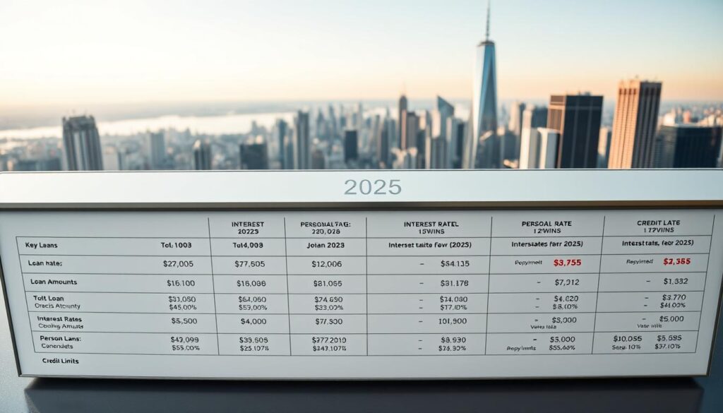 A panoramic image showcasing a detailed comparison of the latest personal loan interest rates and credit limits in 2025. The foreground features a clean, minimalist table displaying the key loan details - interest rates, loan amounts, and repayment terms - presented in a sleek, infographic-style layout. The middle ground shows financial graphs and charts illustrating the correlation between interest rates and credit limits, rendered in a vibrant yet professional color palette. The background depicts a serene cityscape, with skyscrapers and financial district landmarks subtly framing the central information. Soft, directional lighting creates depth and highlights the data, while a slightly elevated camera angle provides an authoritative, bird's-eye perspective on the subject matter.