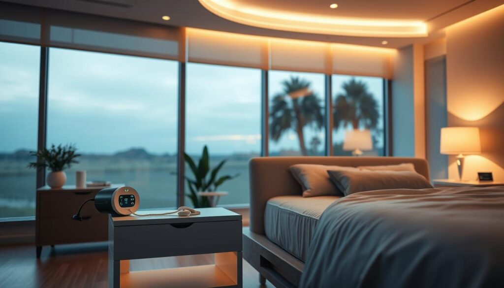 A professional medical sleep clinic interior featuring the iCareCPAP sleep apnea treatment device in an energy-saving sleep mode. Soft, warm lighting illuminates the modern, minimalist design with clean lines, neutral tones, and gentle curves. The device sits on a sleek, low-profile nightstand next to a comfortable adjustable bed. The space evokes a sense of tranquility and rest, with a large window overlooking a serene outdoor landscape. The iCareCPAP device is subtly highlighted, showcasing its efficient, whisper-quiet operation during the patient's slumber. A professional medical sleep clinic interior featuring the iCareCPAP sleep apnea treatment device in an energy-saving sleep mode. Soft, warm lighting illuminates the modern, minimalist design with clean lines, neutral tones, and gentle curves. The device sits on a sleek, low-profile nightstand next to a comfortable adjustable bed. The space evokes a sense of tranquility and rest, with a large window overlooking a serene outdoor landscape. The iCareCPAP device is subtly highlighted, showcasing its efficient, whisper-quiet operation during the patient's slumber.