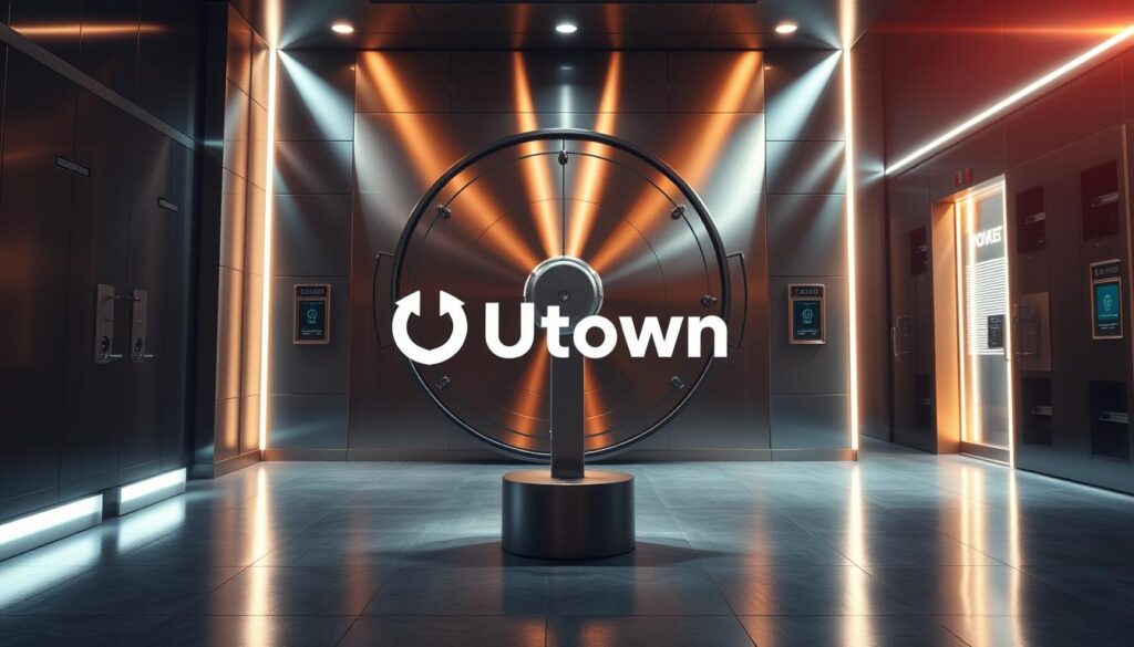A secure financial stronghold, shielding against digital deception. A sleek, modern vault bathed in warm lighting, its burnished metal facade gleaming. In the foreground, the &quot;UTown&quot; logo stands tall, a symbol of trustworthy financial services. Sophisticated security measures, such as biometric scanners and encrypted access panels, line the walls, ensuring the utmost protection for account holders' funds. The overall atmosphere conveys a sense of unwavering safety and reliability, instilling confidence in the viewer.