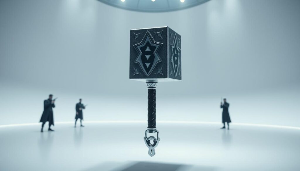 A serene and secure trial mode for the UTown RSG Mjolnir, the mighty hammer of Thor. Pristine white arena with soft ambient lighting, clean and uncluttered. The hammer hovers majestically, its surface gleaming with precision-engineered details. Silhouettes of players in the background, focused on the trial experience. Emphasis on safety and protection, with an aura of technological sophistication. Cinematic angle captures the power and potential of the trial mode, instilling confidence in the user's assets and personal data.