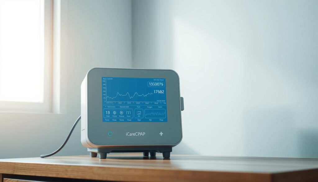 A serene medical device displaying real-time data on a sleek interface, surrounded by a minimalist workspace. The iCareCPAP machine sits atop a wooden desk, its crisp display showcasing critical respiratory metrics in a clean, organized manner. Soft, directional lighting from a window casts a warm glow, highlighting the device's modern, clinical design. The background is a calming, abstract gradient, allowing the equipment to take center stage and convey a sense of technological sophistication and medical security. A serene medical device displaying real-time data on a sleek interface, surrounded by a minimalist workspace. The iCareCPAP machine sits atop a wooden desk, its crisp display showcasing critical respiratory metrics in a clean, organized manner. Soft, directional lighting from a window casts a warm glow, highlighting the device's modern, clinical design. The background is a calming, abstract gradient, allowing the equipment to take center stage and convey a sense of technological sophistication and medical security.