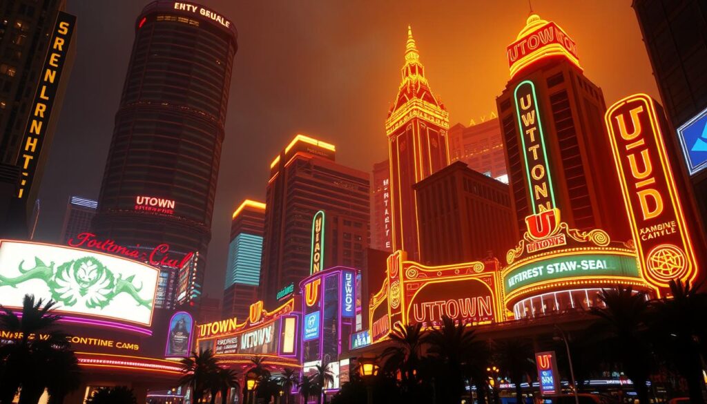 A striking cityscape of the UTown entertainment complex, illuminated by a warm, golden glow. Towering buildings and neon signs create an atmosphere of opulence and allure, drawing the viewer in. In the foreground, a sense of unease lingers, with subtle hints of suspicion and rumor hinting at a deeper narrative. The image is rendered with a cinematic, almost noir-esque quality, inviting the viewer to delve deeper into the unseen details and uncover the truth behind the UTown scandal.