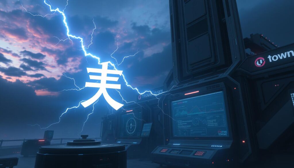 A striking digital illustration of the "雷神訊號" concept. A powerful, lightning-infused symbol floats prominently in the foreground, its jagged edges and electric hues commanding attention. The middle ground features sleek, technologically-advanced machinery and interfaces, hinting at the advanced systems behind the signal. The background is a moody, atmospheric environment, with a dramatic sky and subtle UTown branding elements, setting the tone for the overall scene. The lighting is dramatic, with bold contrast and a sense of energy and intensity.