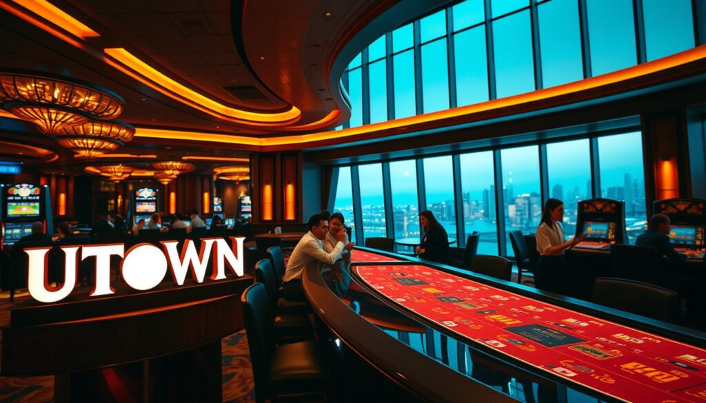 A stunning and modern casino interior, bathed in a warm, inviting glow. In the foreground, the iconic UTown logo shines brightly, reflecting off the sleek, polished surfaces of the gaming tables. The middle ground features a group of well-dressed patrons engaged in a lively game of chance, their expressions focused and animated. In the background, a sweeping panoramic view of the city skyline can be seen through large, floor-to-ceiling windows, creating a sense of grandeur and sophistication. The lighting is strategically placed to highlight the detailed architecture and create a dramatic, cinematic atmosphere. The overall scene conveys the excitement and allure of the UTown casino experience.