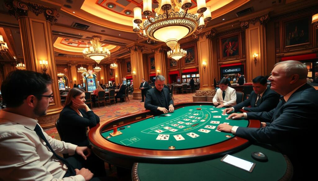A grand, opulent casino interior with ornate columns, chandeliers, and plush carpeting. In the center, a stylishly lit baccarat table with green felt, wooden railings, and a dealer presiding over the game. Around the table, smartly dressed players intently focused on the dealt cards, their expressions a mix of anticipation and strategy. The lighting casts a warm, inviting glow, evoking the thrill and elegance of the baccarat experience. The scene captures the essence of the game's rules and significance in the world of casino gaming.