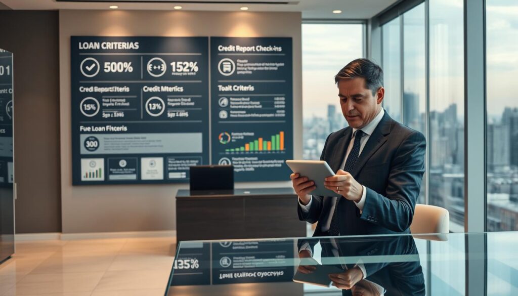 A modern banking office interior with sleek, minimalist design. In the foreground, a well-dressed banker sits at a glass-topped desk, consulting a tablet device. The middle ground features a wall display showcasing various financial metrics and loan criteria, including criteria that do not rely on credit report check-ins. The background depicts a panoramic city skyline visible through large windows, conveying a sense of urban sophistication. The lighting is soft and warm, creating a professional yet approachable atmosphere. The overall impression is one of a forward-thinking financial institution that prioritizes a holistic, personalized approach to client evaluation.