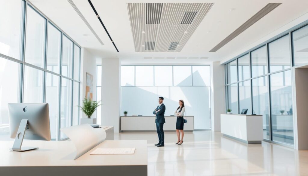 A modern, minimalist bank interior with clean lines and a sleek, professional atmosphere. In the foreground, a desk with a computer and some paperwork, hinting at the bank's operations. In the middle ground, a few customers waiting patiently, dressed in business attire. The background features large windows, allowing natural light to flood the space and create a sense of openness and transparency. The overall mood is one of efficiency, reliability, and a lack of focus on credit checks, conveying the idea of a bank that prioritizes customer service over rigid adherence to credit scores.