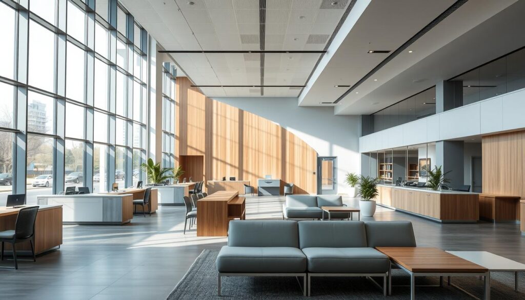 A modern, sleek bank interior with a minimalist design aesthetic. The lobby features floor-to-ceiling windows that let in abundant natural light, creating a warm and inviting atmosphere. Minimalist wooden and steel furnishings, including sleek teller counters and comfortable waiting areas, dominate the space. The color palette is muted, with neutral tones of gray, beige, and white, punctuated by occasional pops of greenery from potted plants. The overall impression is one of efficiency, professionalism, and a focus on the customer experience, rather than on rigid credit requirements. The lighting is soft and diffused, creating a sense of calm and relaxation.