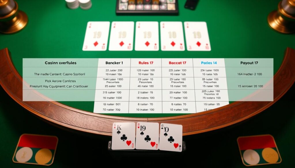 A well-lit, detailed comparison of different casino baccarat rules, showcasing the key variations in a clean, organized layout. The foreground features a stylized baccarat table with minimalist design, showcasing the core gameplay elements like player and banker positions, betting areas, and card layout. The middle ground highlights a side-by-side visual breakdown of the rules and payout structures for several popular casino variants. The background subtly blends casino-inspired elements like plush green felt, wooden accents, and a slight vignette effect to establish an elegant, high-stakes atmosphere. The overall composition conveys a sense of informative clarity and visual sophistication suitable for an educational article on baccarat.