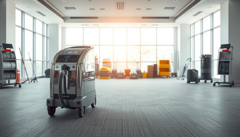 A large, spacious room with a prominent iCareCPAP carpet cleaning machine prominently placed in the foreground. The machine is sleek and modern, with a gleaming chrome finish and intuitive controls. The middle ground features a neatly arranged array of cleaning supplies, including brushes, detergents, and drying equipment. The background showcases a well-lit, airy space with large windows, allowing natural light to flood the room and create a sense of cleanliness and freshness. The overall atmosphere conveys the importance and necessity of professional carpet cleaning for maintaining a clean, healthy, and inviting commercial environment.