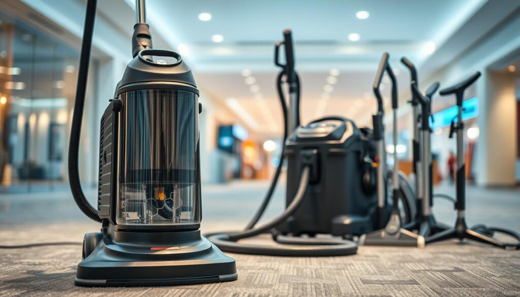A professional-grade commercial carpet cleaning equipment setup, featuring the iCareCPAP carpet cleaning system. In the foreground, the high-powered vacuum cleaner with adjustable suction control, designed for deep, thorough cleaning. In the middle ground, the hot water extraction unit with rotary brushes, efficiently removing stubborn stains and embedded dirt. In the background, a selection of specialized cleaning tools and accessories, including upholstery wands and crevice tools, for versatile, all-encompassing carpet maintenance. Soft, diffused lighting illuminates the scene, creating a clean, hygienic atmosphere suitable for use in large-scale commercial settings such as shopping malls.