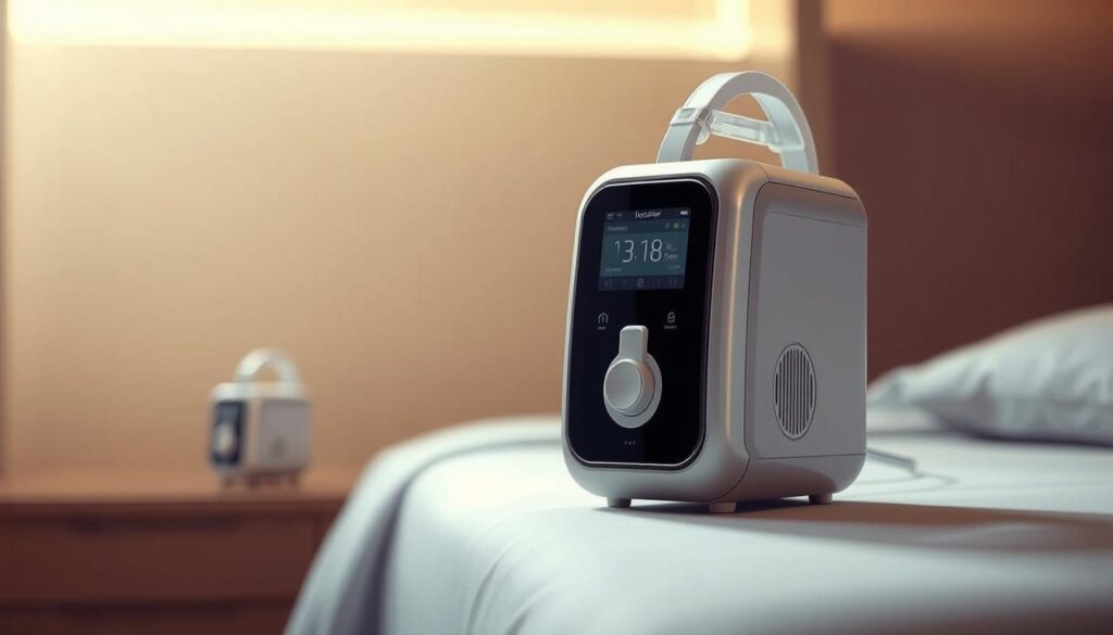 A finely detailed medical illustration of a modern iCareCPAP sleep apnea machine, showcasing its sleek, compact design and advanced features. The device is depicted in a warm, neutral-toned setting, with soft, directional lighting highlighting its clean lines and intuitive controls. The machine is positioned prominently in the foreground, with a subtly blurred background suggesting a clinical or healthcare environment. Technical aspects such as the machine's air intake, pressure settings, and integrated display are clearly visible, conveying its functional capabilities. The overall mood is one of precision, professionalism, and the reassuring presence of advanced medical technology designed to improve sleep quality and overall health.