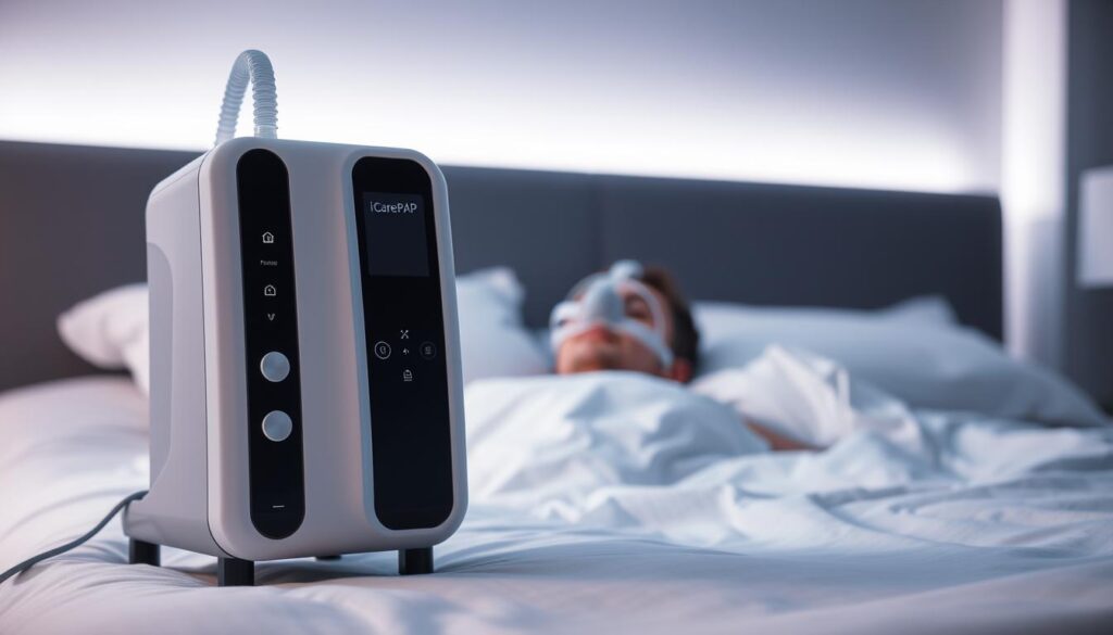 A high-quality, state-of-the-art iCareCPAP sleep apnea machine stands prominently in the foreground, its sleek and modern design reflecting the advanced technology within. The machine's simple yet elegant controls are clearly visible, inviting the user to customize their sleep therapy experience. In the middle ground, a human figure reclines comfortably in bed, the iCareCPAP mask gently covering their nose and mouth, delivering a steady flow of air to promote restful sleep. The background depicts a serene, dimly lit bedroom, with soothing lighting and calming colors creating an atmosphere of tranquility and relaxation. The overall scene conveys the importance of personalized sleep therapy and the profound impact an individual's unique physiology can have on the effectiveness of a sleep apnea device like the iCareCPAP.