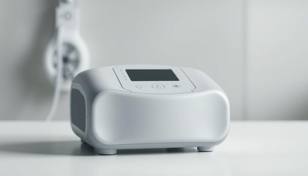 A detailed, high-resolution image of the iCareCPAP sleep apnea machine. The device is prominently displayed in the center of the frame, with a sleek, modern design featuring a curved, unibody shell in a soft gray color. The front panel has a simple, minimalist interface with a digital display and intuitive controls. The machine is situated on a clean, white surface, with a blurred, out-of-focus background that suggests a clinical or medical setting. Soft, directional lighting casts gentle shadows, highlighting the machine's smooth lines and refined aesthetic. The overall mood is one of high-quality, medical-grade engineering and a focus on the device's importance in sleep apnea treatment.