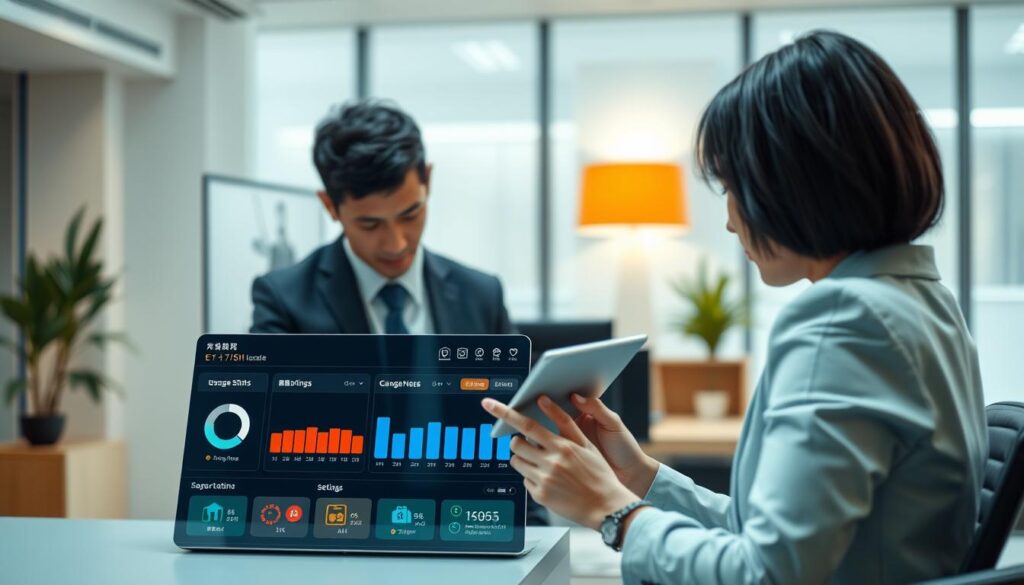 A modern and sleek interface of a Japanese data management platform, showcasing the features of an eSIM control system. In the foreground, emphasize a digital dashboard displaying usage statistics, alerts, and settings options with vibrant colors and user-friendly icons. The middle ground features a professional user, dressed in business attire, interacting with a tablet, deeply focused on the interface. In the background, include elements of a contemporary Japanese office environment, with soft lighting that creates a calming atmosphere. The overall mood should convey efficiency and modernity, highlighting the technology's ability to manage and monitor eSIM usage in Japan seamlessly. Capture the scene from a slightly elevated angle to give a comprehensive view of the interaction and environment.
