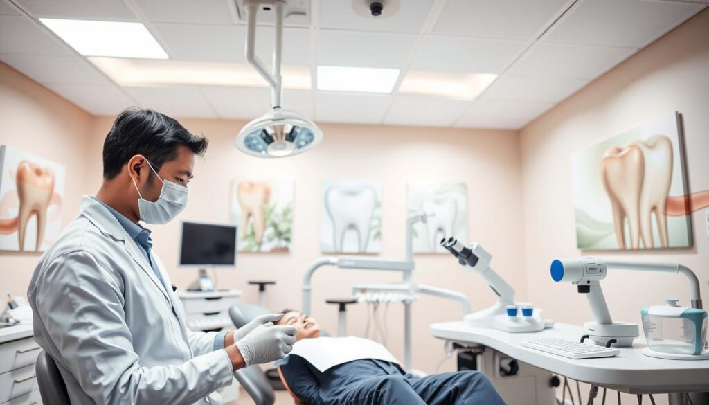 A modern dental clinic showcasing advanced root canal treatment techniques. In the foreground, a dentist in professional attire is performing a treatment on a patient sitting comfortably in a dental chair, with bright overhead lights illuminating the scene. In the middle ground, various cutting-edge dental instruments and equipment like microscopes and digital imaging tools are arranged neatly on the workstation. The background features soft pastel-colored walls adorned with calming dental-themed artwork, creating a relaxed atmosphere. The lighting is bright but soft, contributing to a professional yet welcoming ambiance. The overall mood is one of professional expertise and patient care.