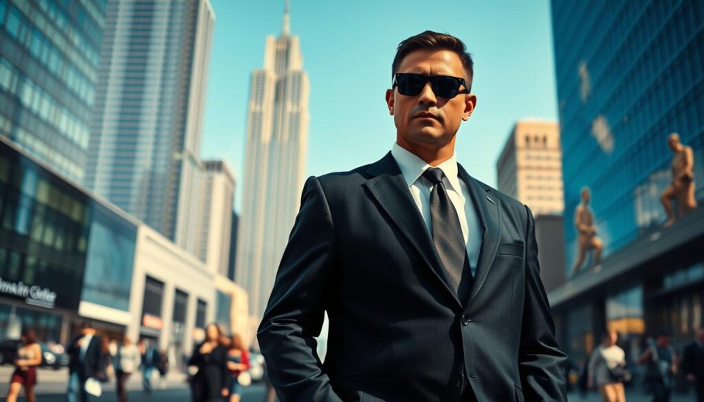 A professional bodyguard in a sleek, tailored suit stands protectively beside a well-dressed dignitary in an urban setting. In the foreground, the bodyguard exudes confidence and vigilance, scanning the environment for potential threats. The middle ground features a bustling city street with blurred silhouettes of pedestrians, enhancing the sense of security and vigilance. In the background, modern skyscrapers rise against a clear blue sky, symbolizing a dynamic city life. The scene is illuminated by soft, natural light, with a slight emphasis on shadows to create depth and a sense of urgency. The mood conveys professionalism, alertness, and the importance of personal safety. The composition captures the essence of protective services in action, showcasing the pivotal role of a bodyguard.