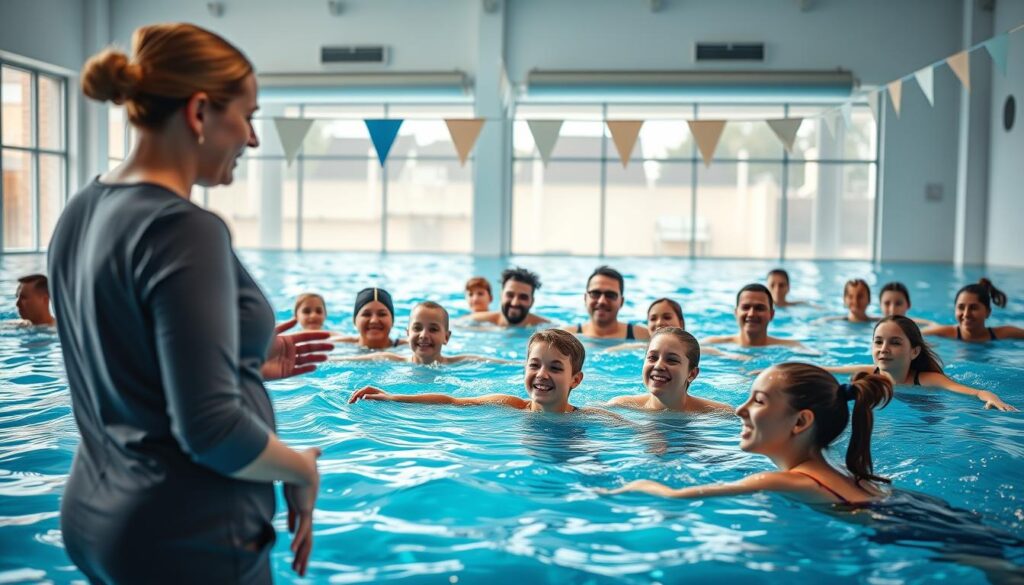 A vibrant swimming class in action, featuring diverse groups of adults and children engaging in swimming exercises. In the foreground, a swim instructor, dressed in a modest, professional outfit, demonstrates techniques to a group of enthusiastic learners. The middle ground showcases swimmers practicing strokes in a well-lit, sparkling blue pool, with encouraging smiles and teamwork evident. In the background, large windows allow natural light to fill the space, casting shimmering reflections on the water's surface. The atmosphere is energetic and positive, capturing the joy and health benefits of swimming. Emphasize clarity and motion, with a focus on the fitness and well-being of the participants. Use soft, bright lighting to enhance the uplifting mood.