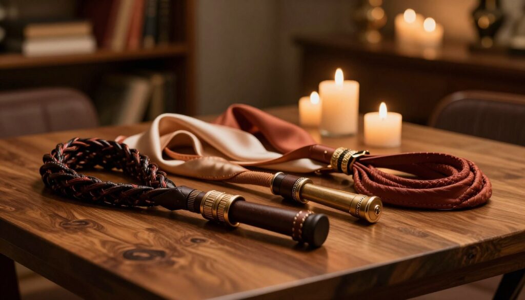 A cozy and intimate scene showcasing a beautifully arranged collection of SM whips on a polished wooden table. In the foreground, three elegant leather whips with detailed craftsmanship are displayed, artistically intertwined with soft silk fabrics in warm, inviting colors. The middle ground features a candlelit ambiance with flickering candles casting gentle shadows, enhancing the mood. In the background, blurred shelves filled with tasteful books and decorative items create a sophisticated atmosphere. The lighting is warm and soft, creating a cinematic vibe that evokes romance and exploration. The overall composition should reflect creativity and technique, inspiring couples to discover innovative ways to incorporate these elements into their shared experiences, all within a professional and refined context.