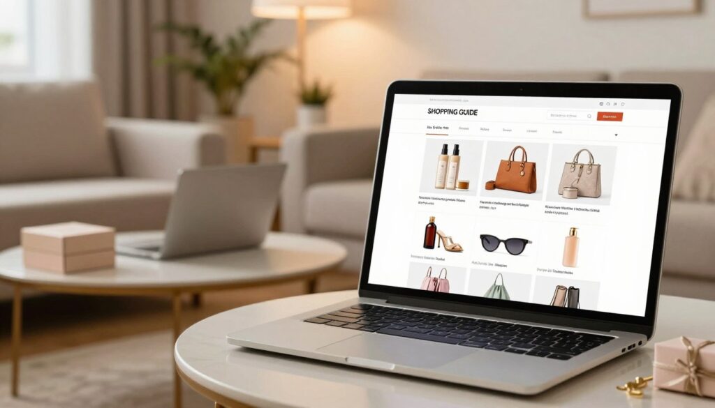 A well-organized shopping guide layout for selecting personal accessories, featuring a warm, inviting atmosphere with soft, romantic lighting. In the foreground, a stylish computer or tablet displaying a user-friendly online shopping interface for adult products, with images of various tasteful, elegant items. In the middle ground, a cozy living room setting with a comfortable couch, decorative plants, and a tasteful coffee table adorned with a few product boxes and an open laptop. The background includes soft, diffused lighting to create an intimate mood. The scene should feel inviting and informative, emphasizing responsible shopping and selection, with no human subjects present. The composition conveys a sense of safety and professionalism, making it suitable for understanding purchasing tips.