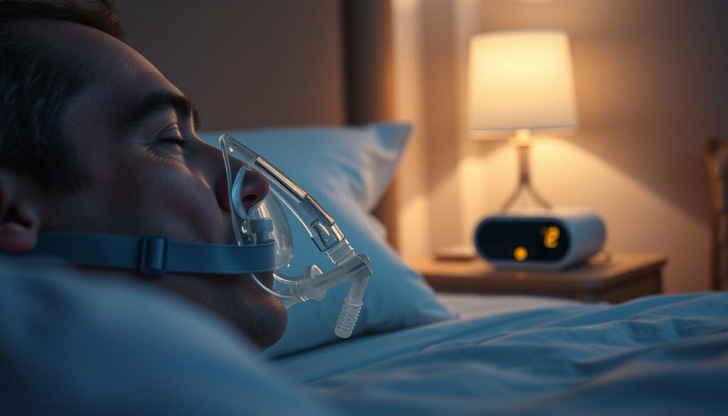 A detailed and focused image of a sleep apnea machine with a mask dislodged during the night. In the foreground, showcase the mask, slightly pulled away from the patient’s face, illustrating the displacement. The middle ground should feature a bedside table with a CPAP machine, glowing softly in the dim night light, emphasizing the importance of the leak alert feature with a subtle visual cue of a warning light. In the background, depict a serene bedroom environment, with soft colors and textures, highlighting a peaceful atmosphere contrasted by the potential problem of mask displacement. Lighting should be soft and calming, simulating a nighttime setting. The angle should be slightly elevated, capturing the scene from the bedside perspective.