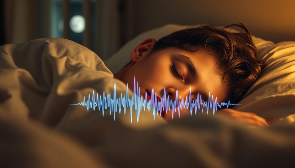 A person peacefully sleeping in a cozy bedroom environment, nestled under soft blankets. In the foreground, a close-up view of their face shows a serene expression, with gentle, rhythmic breathing. In the middle ground, an abstract representation of sound waves subtly depicting a lack of snoring, merging into a visualization of anxiety with sharp, jagged lines in soft shades of blue and purple. In the background, a bedroom window shows faint moonlight streaming in, contributing to a tranquil atmosphere. Soft, warm lighting envelops the scene, highlighting the contrast between serenity and sudden alertness. The overall mood should evoke concern and introspection, capturing the moment of awakening without any text or distractions.