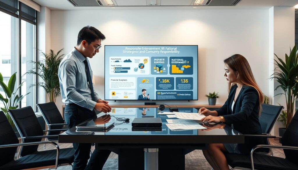 A polished office environment showcasing a professional meeting, with three individuals engaged in a discussion about responsible entertainment and financial planning. The foreground features two people, a man and a woman, both dressed in formal business attire, analyzing documents on a sleek table equipped with digital devices. In the middle, a large screen displays infographics about rational entertainment strategies and community responsibility. The background features modern office decor with plants and soft lighting, creating an inviting yet professional atmosphere. The mood is focused and collaborative, conveying the importance of thoughtful decisions in the digital gaming community. Capture this scene with a warm and balanced lighting, using a slightly angled view to emphasize the engagement between the figures.
