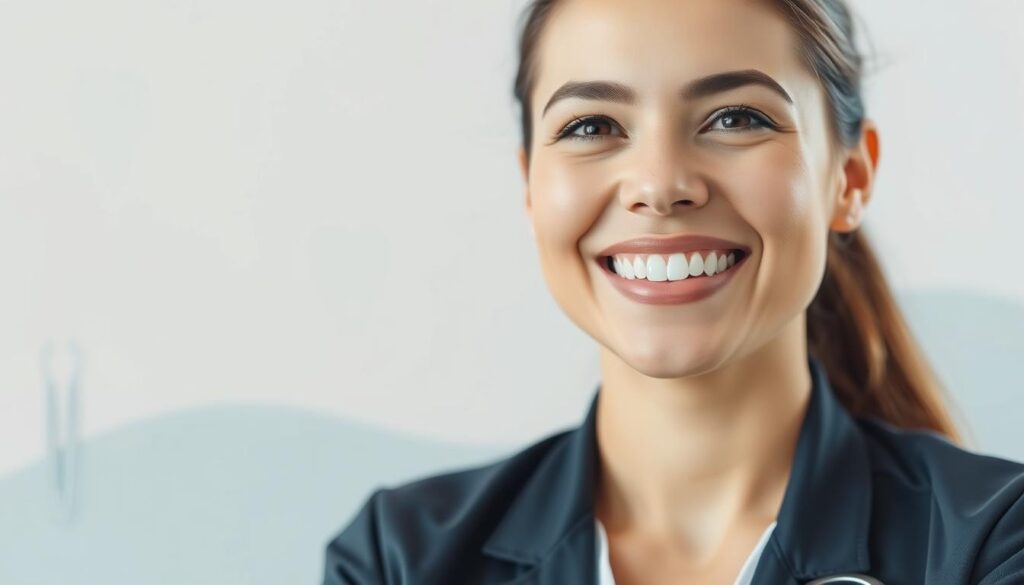 A beautifully composed scene showcasing the aesthetic value of the "smile curve." In the foreground, a close-up of a smiling person with well-aligned teeth and a symmetrical gum line, dressed in professional attire, exuding confidence and warmth. The middle ground features a subtle gradient of soft pastel colors, evoking harmony and tranquility. In the background, abstract representations of dental tools and a gentle wave pattern symbolizing the curve, using light blue and white hues. The lighting is soft and diffused, creating an inviting atmosphere with a warm glow that emphasizes the subject's smile. Use a shallow depth of field to keep the focus sharp on the smile while softly blurring the background elements, underlining the importance of the smile curve in dental aesthetics.