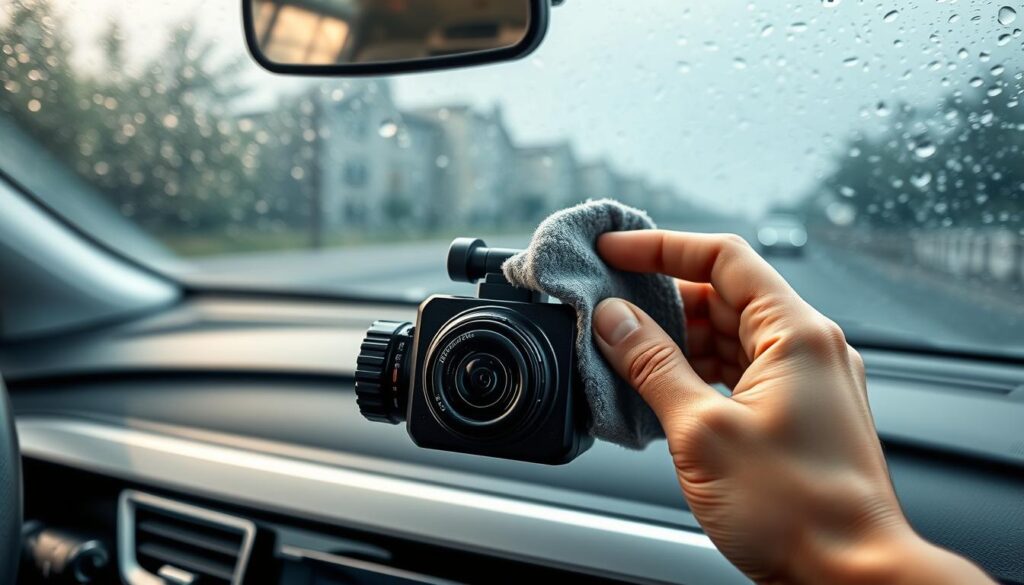 A close-up shot of a car's dashboard featuring a dashcam, with a focus on the front and rear lenses displaying slight fogging due to humidity. The dashcam is prominently displayed in the foreground, surrounded by a sleek and modern car interior. In the middle, a hand is holding a microfiber cloth, demonstrating the cleaning process, while in the background, rain-soaked car windows create a moody atmosphere to represent the impact of heavy rain. Soft, natural lighting highlights the condensation on the lenses, adding a sense of urgency and reality to the situation. The overall mood is informative and detailed, showcasing practical steps to address dashcam moisture problems. A close-up shot of a car's dashboard featuring a dashcam, with a focus on the front and rear lenses displaying slight fogging due to humidity. The dashcam is prominently displayed in the foreground, surrounded by a sleek and modern car interior. In the middle, a hand is holding a microfiber cloth, demonstrating the cleaning process, while in the background, rain-soaked car windows create a moody atmosphere to represent the impact of heavy rain. Soft, natural lighting highlights the condensation on the lenses, adding a sense of urgency and reality to the situation. The overall mood is informative and detailed, showcasing practical steps to address dashcam moisture problems.