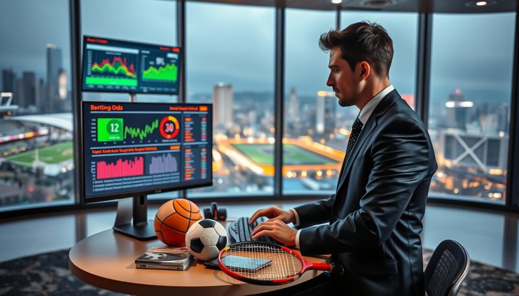 A dynamic setting of a sports analysis room with advanced technology, showcasing a sleek computer screen displaying colorful graphs, statistics, and charts related to betting odds. In the foreground, a professional individual dressed in business attire is intensely analyzing the data, fingers poised above a keyboard. The middle ground features a round table with essential sports equipment, including a soccer ball, basketball, and tennis racket, symbolizing various sports. In the background, large windows reveal a bustling cityscape, conveying a sense of excitement. The lighting is bright and focused, creating a vibrant atmosphere, while a soft glow from the screens adds a high-tech feel. Overall, the image captures the anticipation and dedication of sports fans preparing for major international events, emphasizing the importance of pre-game analysis.