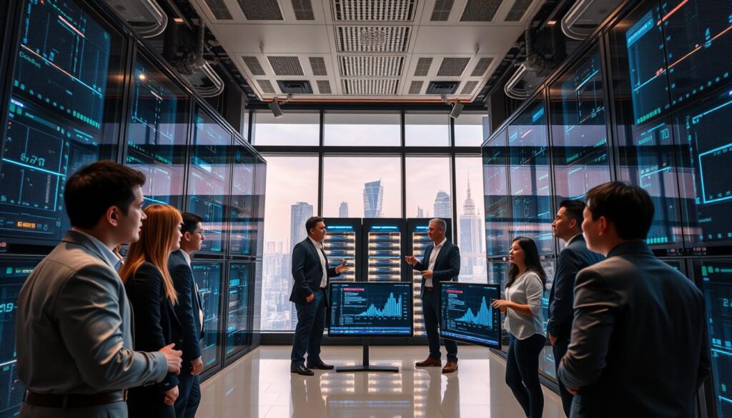 A futuristic data center interior highlighting a robust 3A technology architecture aimed at enhancing user experience. In the foreground, a diverse group of professionals in business attire are engaged in collaborative discussions around high-tech screens displaying network optimization graphs. In the middle ground, sleek servers with illuminated panels represent advanced cloud infrastructure. The background features large windows that reveal a skyline of Taipei, showcasing the city's connectivity. Soft, ambient lighting creates a dynamic atmosphere of innovation and teamwork, reflecting a calm yet proactive environment. Capture this scene from a low angle, emphasizing the towering technology and focused expressions of the professionals as they strategize solutions for network routing challenges.
