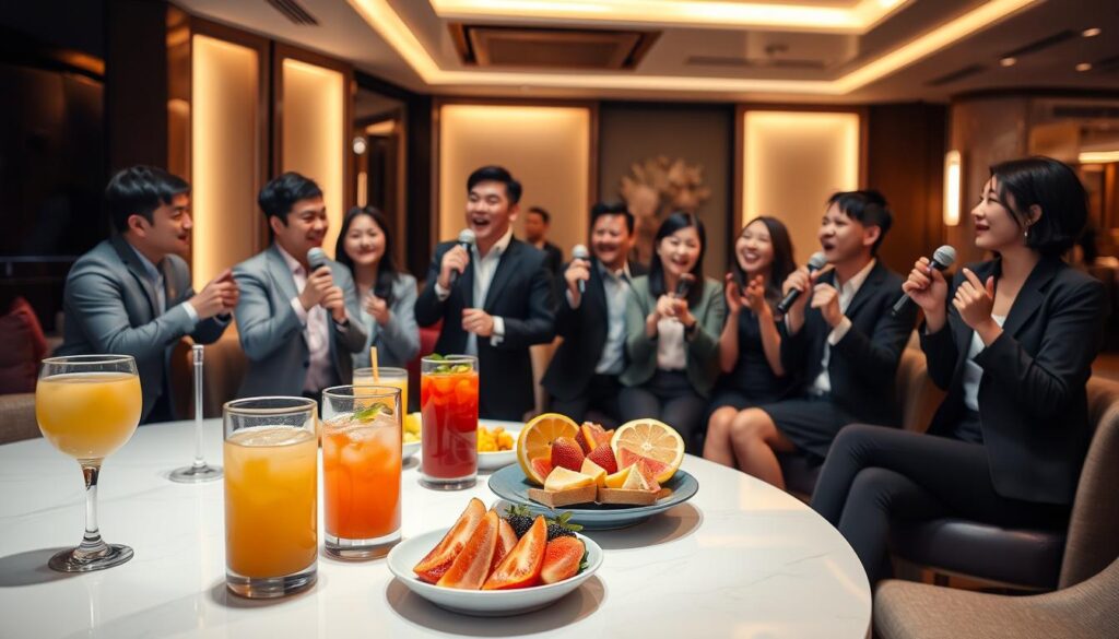 A modern Taipei hotel KTV room designed to promote health-conscious entertainment. In the foreground, a sleek table set with colorful, non-alcoholic beverages and fresh fruit platters, emphasizing a vibrant, healthy atmosphere. The middle ground features a group of professionally dressed individuals enjoying karaoke, laughing and engaging in energizing activities, with lively but moderate energy. The background showcases stylish décor typical of upscale KTV venues, adorned with soft, ambient lighting that creates an inviting mood. The scene feels warm and encouraging, capturing a sense of camaraderie and responsible entertainment. Use soft focus to highlight the dynamic ambiance while maintaining the professional setup, evoking a sense of community and wellness.